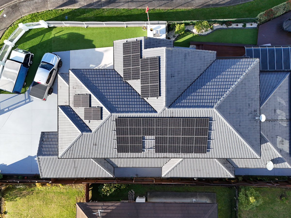 Aerial view of a Solar Hub residential rooftop installation